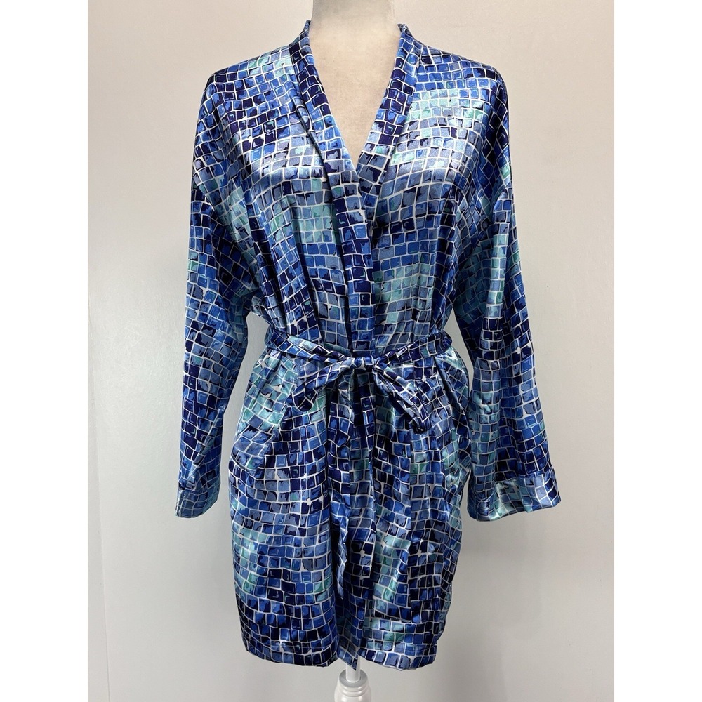 Victoria's Secret Short Satin Robe One Size Women's Blue Mosaic Belted